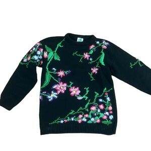 Vintage ANDINA BLACK FLORAL SWEATER- long sleeve- HAND-KNIT IN PERU-100% Cotton